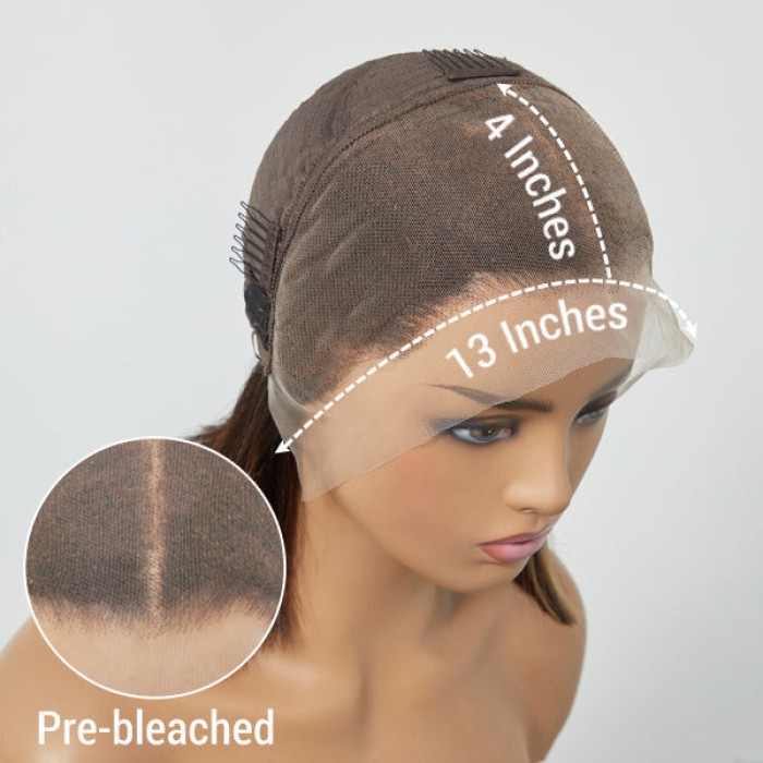 Blonde Highlight Bob With Bangs 13x4 Frontal Lace C Part Short Wig 100% Human Hair Blonde Highlight Bob With Bangs 13x4 Frontal Lace C Part Short Wig 100% Human Hair
