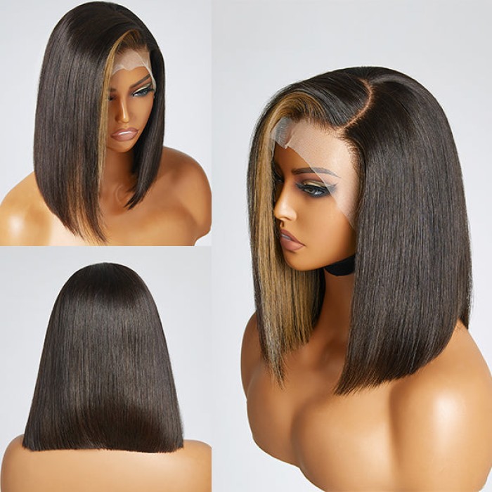 Blonde Highlight Bob With Bangs 13x4 Frontal Lace C Part Short Wig 100% Human Hair Blonde Highlight Bob With Bangs 13x4 Frontal Lace C Part Short Wig 100% Human Hair