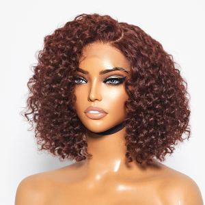 Reddish Brown Water Wave 4x4 Closure Lace Glueless C Part Short Wig 100% Human Hair  Summer Trendy Reddish Brown Water Wave 4x4 Closure Lace Glueless C Part Short Wig 100% Human Hair  Summer Trendy