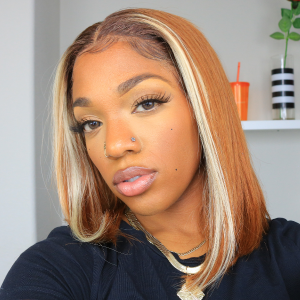 613 Highlight Amber Silky Straight Minimalist Lace Glueless Mid Part Bob Wig 100% Human Hair 613 Highlight Amber Silky Straight Minimalist Lace Glueless Mid Part Bob Wig 100% Human Hair