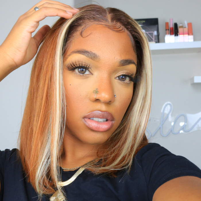 613 Highlight Amber Silky Straight Minimalist Lace Glueless Mid Part Bob Wig 100% Human Hair 613 Highlight Amber Silky Straight Minimalist Lace Glueless Mid Part Bob Wig 100% Human Hair