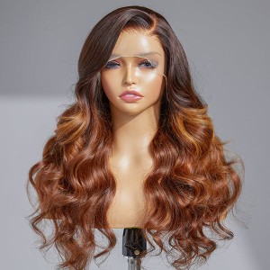 Limited Design  Amanda Honey Brown Highlight 13x4 Frontal Lace Side Part Long Wig 100% Human Hair