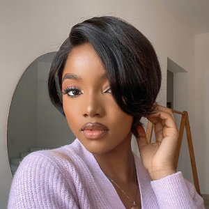 Limited Design  Mature Boss Natural Black Pixie Cut 13x4 Frontal Lace C Part Short Wig 100% Human Hair Limited Design  Mature Boss Natural Black Pixie Cut 13x4 Frontal Lace C Part Short Wig 100% Human Hair
