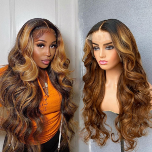 Limited Design  Honey Blonde Highlights Loose Wave 13X4 Frontal Lace Mid Part Long Wig 100% Human Hair