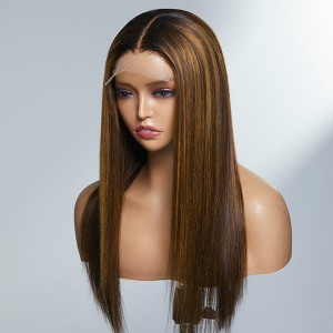 Limited Design  Brown Blonde Mix Silky Straight 5x5 Closure HD Lace Glueless Long Wig 100% Human Hair