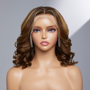Limited Design  Bertha Highlight Loose Wave 13X4 Frontal Lace Mid Part Short Wig 100% Human Hair
