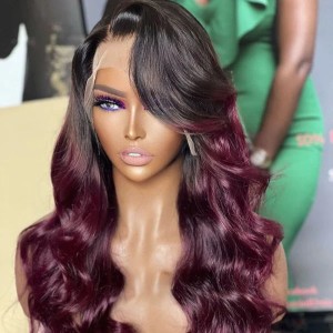 Limited Design  Alyssa Cabernet Ombre 13x4 Frontal Lace Right Side Part Long Wig 100% Human Hair
