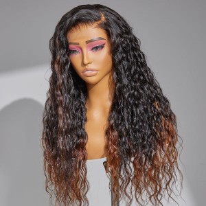 Limited Design  Sweety Brown Tails Highlight Water Wave 13x4 Frontal HD Lace C Part Long Wig 100% Human Hair