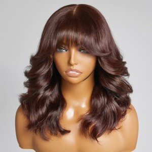 Limited Design  Layered Chocolate Brown Loose Body Wave With Bangs 4x4 Closure Lace Short Wig 100% Human Hair Limited Design  Layered Chocolate Brown Loose Body Wave With Bangs 4x4 Closure Lace Short Wig 100% Human Hair