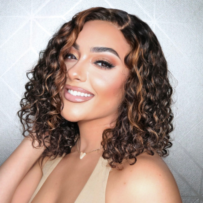 Casual Blonde Highlights Curly Minimalist HD Lace Glueless C Part Short Wig 100% Human Hair Casual Blonde Highlights Curly Minimalist HD Lace Glueless C Part Short Wig 100% Human Hair