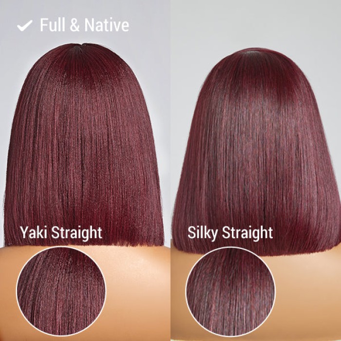 Put On And Go Reddish Purple Natural Black Layered Cut Yaki Straight Minimalist Lace Bob Wig With Bangs 100% Human Hair Put On And Go Reddish Purple Natural Black Layered Cut Yaki Straight Minimalist Lace Bob Wig With Bangs 100% Human Hair