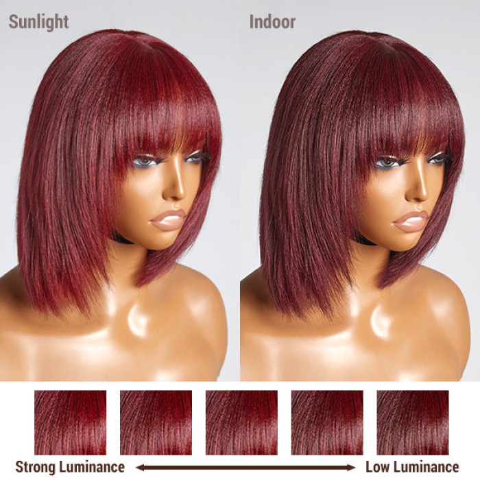 Put On And Go Reddish Purple Natural Black Layered Cut Yaki Straight Minimalist Lace Bob Wig With Bangs 100% Human Hair Put On And Go Reddish Purple Natural Black Layered Cut Yaki Straight Minimalist Lace Bob Wig With Bangs 100% Human Hair