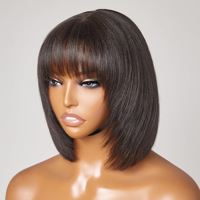 Put On And Go Reddish Purple Natural Black Layered Cut Yaki Straight Minimalist Lace Bob Wig With Bangs 100% Human Hair Put On And Go Reddish Purple Natural Black Layered Cut Yaki Straight Minimalist Lace Bob Wig With Bangs 100% Human Hair