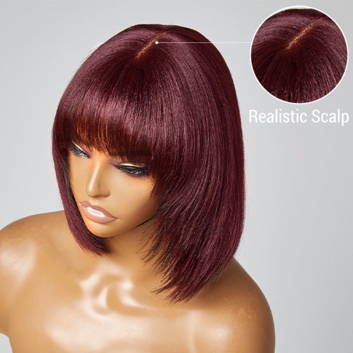 Put On And Go Reddish Purple Natural Black Layered Cut Yaki Straight Minimalist Lace Bob Wig With Bangs 100% Human Hair Put On And Go Reddish Purple Natural Black Layered Cut Yaki Straight Minimalist Lace Bob Wig With Bangs 100% Human Hair
