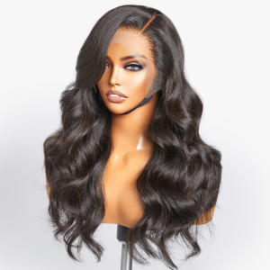 Natural Black Body Wave 13x6 Compact Frontal Lace Side Part Long Wig 100% Human Hair