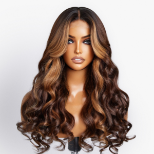 Curtain Bangs Chocolate  Caramel Brown Highlight Loose Wave Y-Shape Undetectable HD Lace Wig