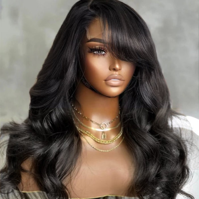 Brown Mix Black Natural Black C Part Glueless Loose Wave 5x5 Closure Wig With Bangs 100% Human Hair Brown Mix Black Natural Black C Part Glueless Loose Wave 5x5 Closure Wig With Bangs 100% Human Hair