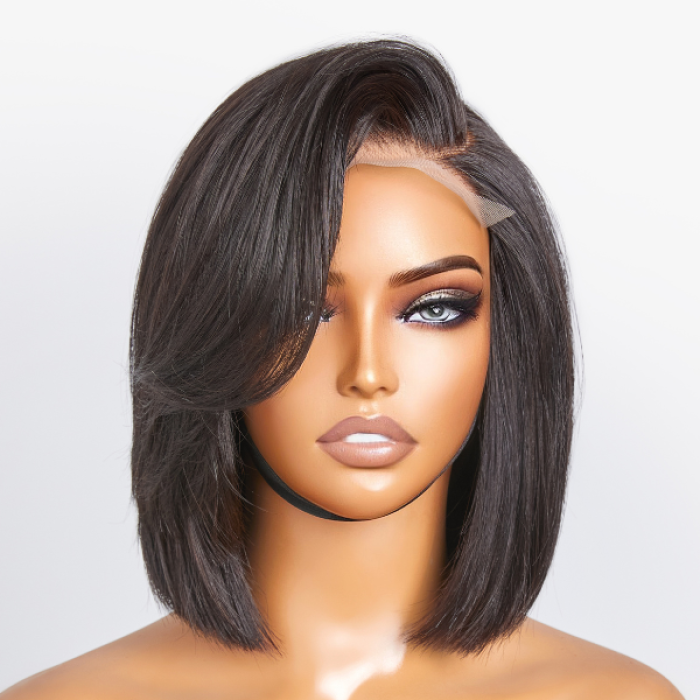 Beginner Friendly Straight Bob 5×5 Lace Glueless Left C Part Short 100% Human Hair Wig With Bangs Beginner Friendly Straight Bob 5×5 Lace Glueless Left C Part Short 100% Human Hair Wig With Bangs