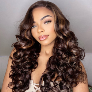 Beyon-Inspired  Blonde Brown Highlight Water Loose Wave 5x5 Closure HD Lace C Part Long Wig 100% Human Hair