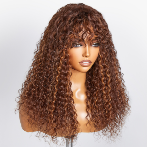 Highlight Brown Curly Minimalist Lace Glueless Long Wig With Bangs 100% Human Hair Highlight Brown Curly Minimalist Lace Glueless Long Wig With Bangs 100% Human Hair