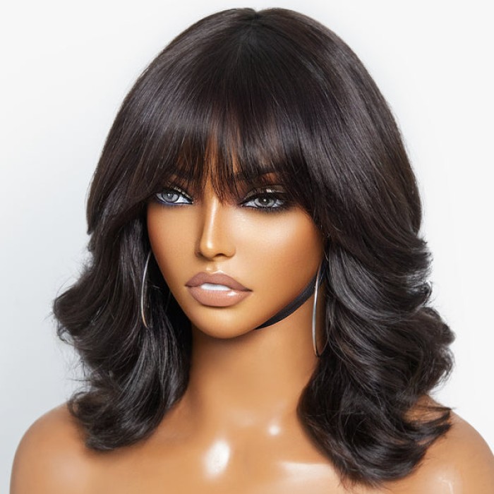 Glueless Beginner Friendly Soft Wavy Curls Bob Wig With Bangs 100% Human Hair Glueless Beginner Friendly Soft Wavy Curls Bob Wig With Bangs 100% Human Hair