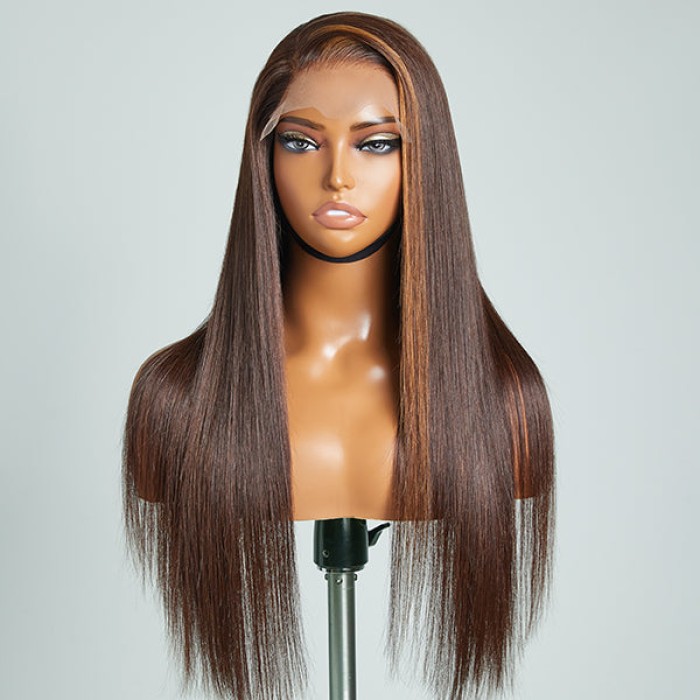 Brown With Blonde Highlight Silky Straight Glueless 5x5 Closure Lace Wig 100% Human Hair Brown With Blonde Highlight Silky Straight Glueless 5x5 Closure Lace Wig 100% Human Hair