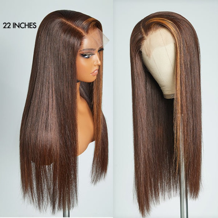 Brown With Blonde Highlight Silky Straight Glueless 5x5 Closure Lace Wig 100% Human Hair Brown With Blonde Highlight Silky Straight Glueless 5x5 Closure Lace Wig 100% Human Hair