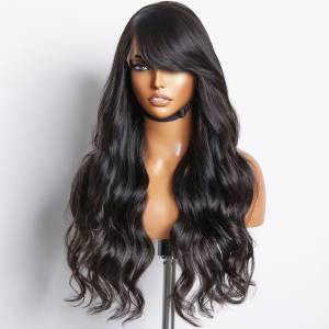 Graceful Natural Black Body Wave With Bangs 5x5 Closure Lace Glueless C Part Long Wig 100% Human Hair Graceful Natural Black Body Wave With Bangs 5x5 Closure Lace Glueless C Part Long Wig 100% Human Hair