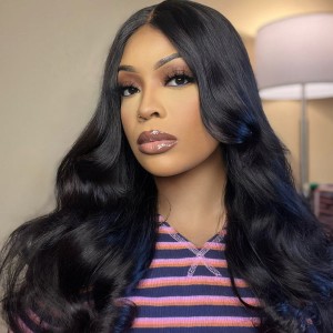 Natural Black Loose Wave Minimalist HD Lace Glueless Long Wig With Bangs 100% Human Hair