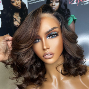 Ombre Brown Loose Wave Minimalist HD Lace Glueless C Part Short Wig 100% Human Hair