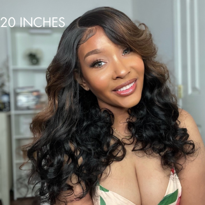 Brown Mix Black Natural Black C Part Glueless Loose Wave 5x5 Closure Wig With Bangs 100% Human Hair Brown Mix Black Natural Black C Part Glueless Loose Wave 5x5 Closure Wig With Bangs 100% Human Hair