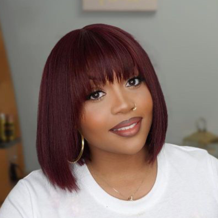 Put On And Go Reddish Purple Natural Black Layered Cut Yaki Straight Minimalist Lace Bob Wig With Bangs 100% Human Hair Put On And Go Reddish Purple Natural Black Layered Cut Yaki Straight Minimalist Lace Bob Wig With Bangs 100% Human Hair