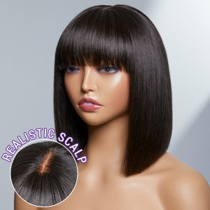 Upgraded Silky Straight Glueless Minimalist Lace Bob Wig With Bangs 100% Human Hair
