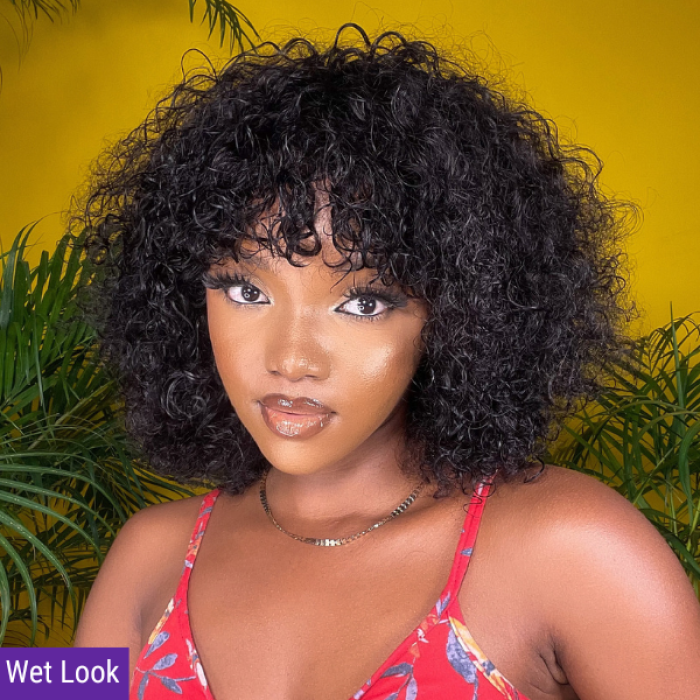 Beginner Friendly Water Wave Minimalist Lace Glueless Short Wig With Bangs 100% Human Hair Beginner Friendly Water Wave Minimalist Lace Glueless Short Wig With Bangs 100% Human Hair
