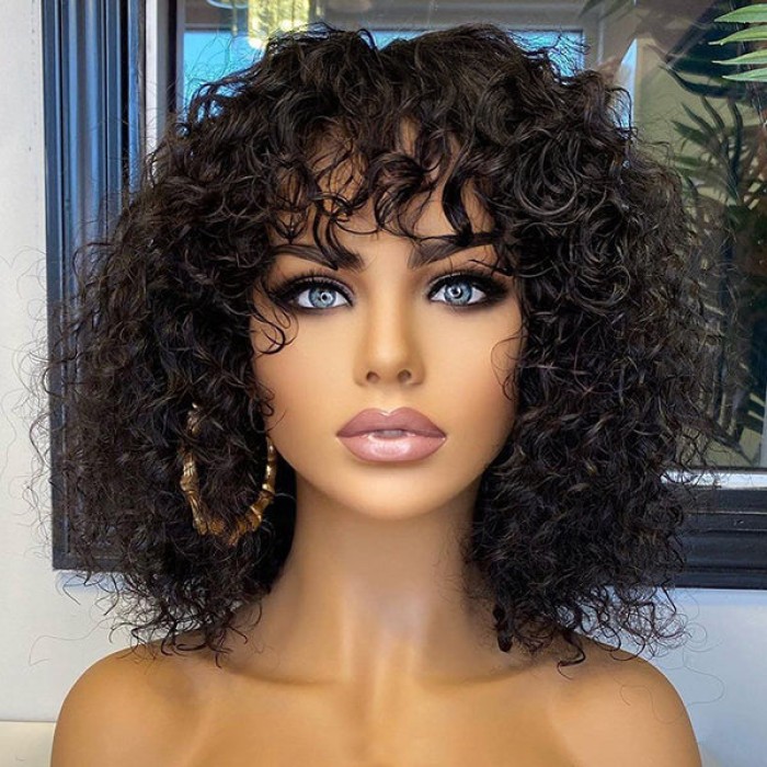 Beginner Friendly Water Wave Minimalist Lace Glueless Short Wig With Bangs 100% Human Hair Beginner Friendly Water Wave Minimalist Lace Glueless Short Wig With Bangs 100% Human Hair