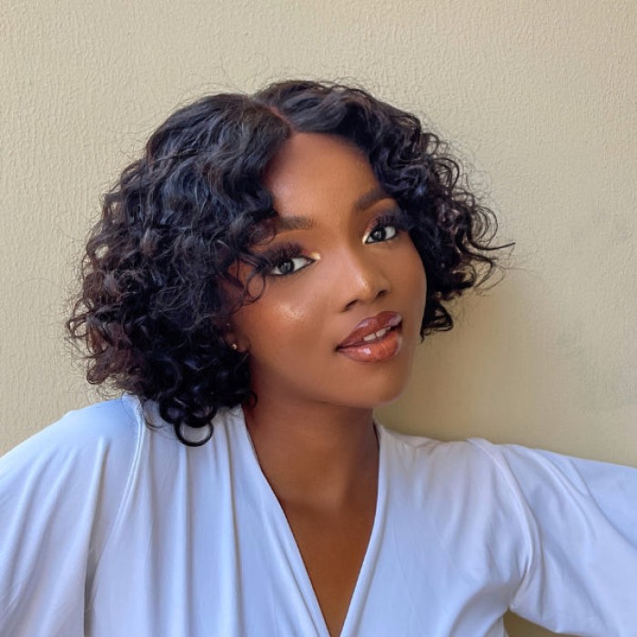 Casual Bouncy Curly 4x4 Closure Lace Glueless Short Wig With Bangs 100% Human Hair Face-Framing Casual Bouncy Curly 4x4 Closure Lace Glueless Short Wig With Bangs 100% Human Hair Face-Framing