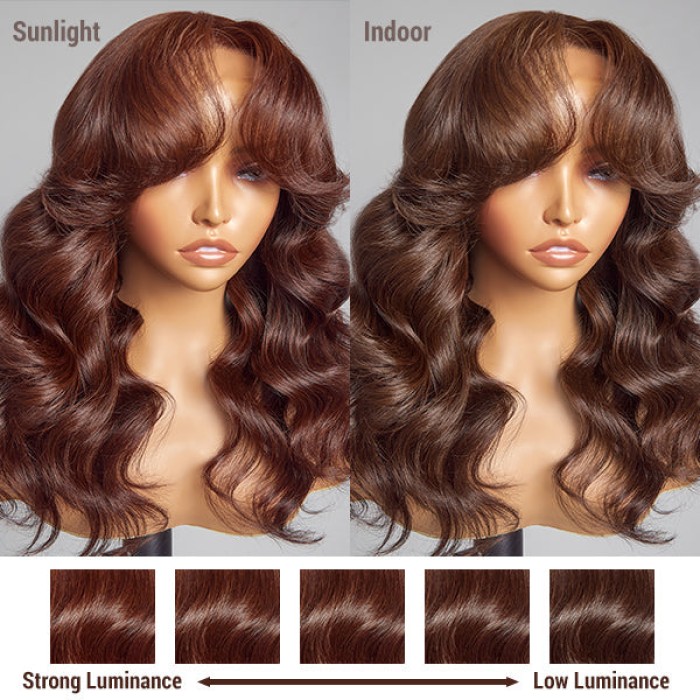 Layered Bangs Chestnut Brown Loose Wave 5x5 Closure Lace Glueless Mid Part Long Wig 100% Human Hair Layered Bangs Chestnut Brown Loose Wave 5x5 Closure Lace Glueless Mid Part Long Wig 100% Human Hair
