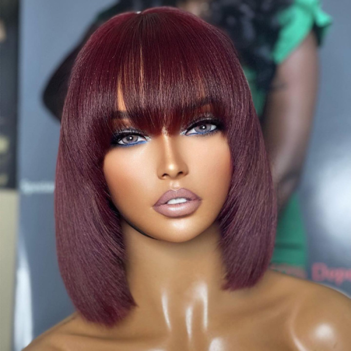 Put On And Go Reddish Purple Natural Black Layered Cut Yaki Straight Minimalist Lace Bob Wig With Bangs 100% Human Hair Put On And Go Reddish Purple Natural Black Layered Cut Yaki Straight Minimalist Lace Bob Wig With Bangs 100% Human Hair