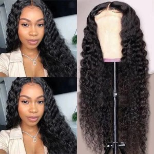 Breathable Deep Wave 4x4 Closure Lace Glueless Mid Part Long Wig 100% Human Hair