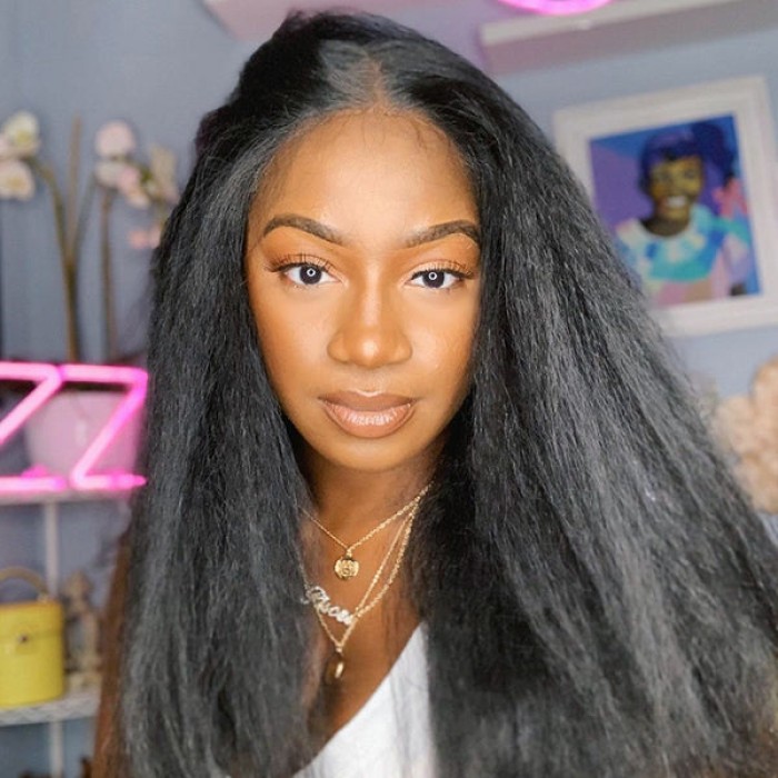 Glueless High Density Kinky Straight 4x4 Closure Lace Long Wig 100% Human Hair Glueless High Density Kinky Straight 4x4 Closure Lace Long Wig 100% Human Hair
