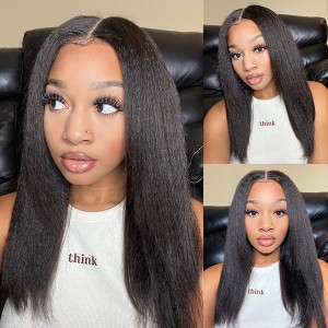 Glueless High Density Kinky Straight 4x4 Closure Lace Long Wig 100% Human Hair