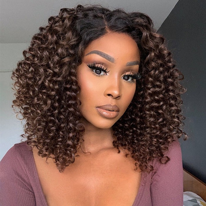 Black To Brown Ombre Bouncy Curly 4x4 Closure Lace Glueless Side Part Long Wig 100% Human Hair Black To Brown Ombre Bouncy Curly 4x4 Closure Lace Glueless Side Part Long Wig 100% Human Hair