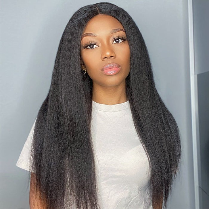 Glueless High Density Kinky Straight 4x4 Closure Lace Long Wig 100% Human Hair Glueless High Density Kinky Straight 4x4 Closure Lace Long Wig 100% Human Hair