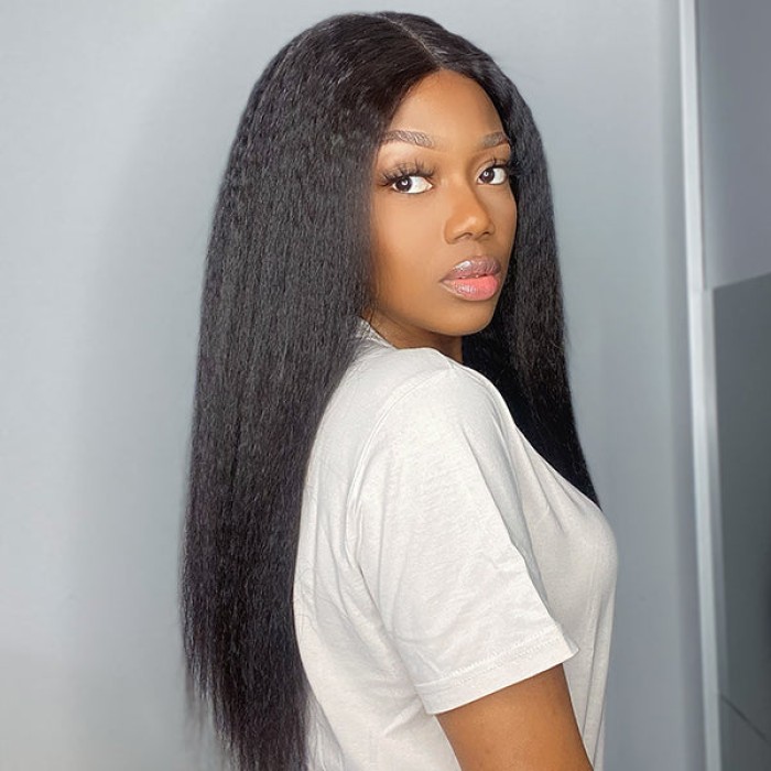 Glueless High Density Kinky Straight 4x4 Closure Lace Long Wig 100% Human Hair Glueless High Density Kinky Straight 4x4 Closure Lace Long Wig 100% Human Hair