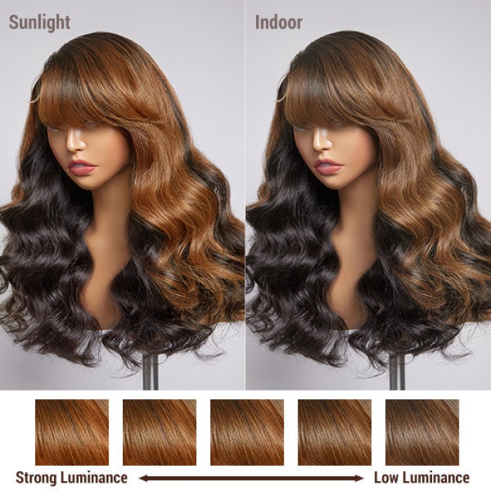 Brown Mix Black Natural Black C Part Glueless Loose Wave 5x5 Closure Wig With Bangs 100% Human Hair Brown Mix Black Natural Black C Part Glueless Loose Wave 5x5 Closure Wig With Bangs 100% Human Hair