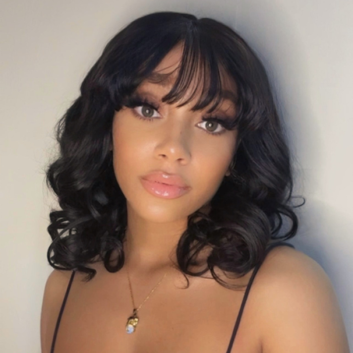 Glueless Beginner Friendly Soft Wavy Curls Bob Wig With Bangs 100% Human Hair Glueless Beginner Friendly Soft Wavy Curls Bob Wig With Bangs 100% Human Hair