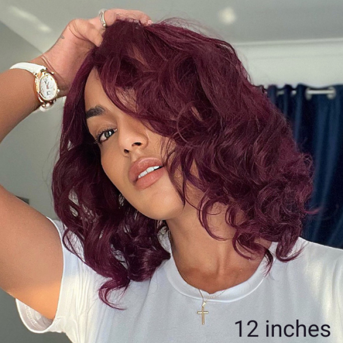 Dark Plum Loose Wave Minimalist HD Lace Glueless Mid Part Short Wig 100% Human Hair Dark Plum Loose Wave Minimalist HD Lace Glueless Mid Part Short Wig 100% Human Hair