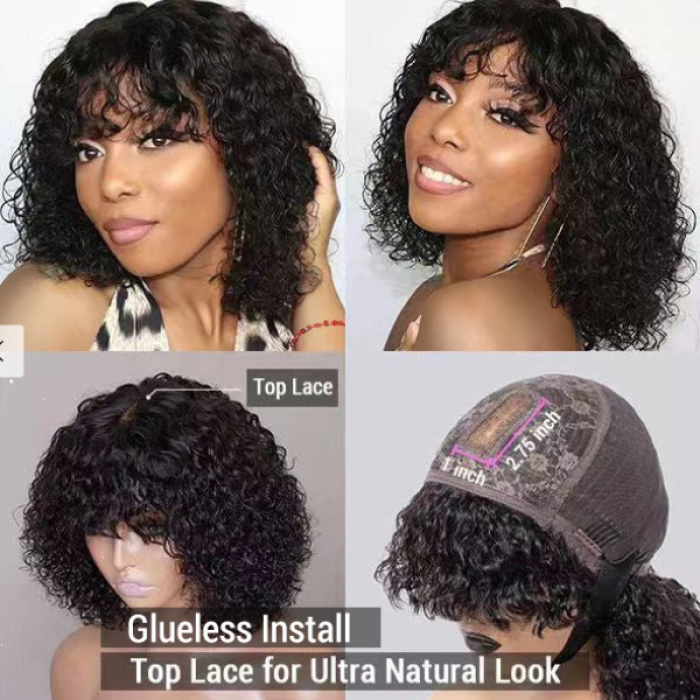Beginner Friendly Water Wave Minimalist Lace Glueless Short Wig With Bangs 100% Human Hair Beginner Friendly Water Wave Minimalist Lace Glueless Short Wig With Bangs 100% Human Hair