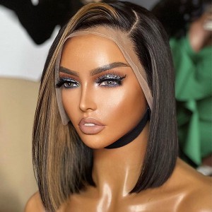 Blonde Highlight Bob With Bangs 13x4 Frontal Lace C Part Short Wig 100% Human Hair