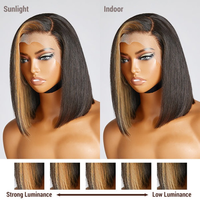 Blonde Highlight Bob With Bangs 13x4 Frontal Lace C Part Short Wig 100% Human Hair Blonde Highlight Bob With Bangs 13x4 Frontal Lace C Part Short Wig 100% Human Hair